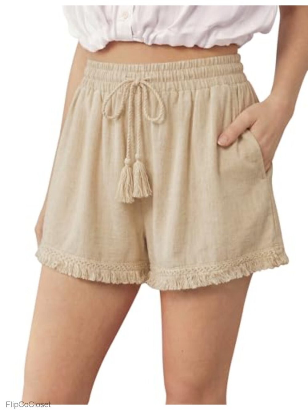 Wide Leg Linen Blend Shorts with Pockets and Drawstring